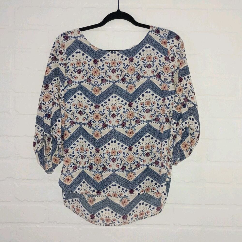 Sheer Chevron Floral Blouse Women Size M Boho Chic Cottagecore Navajo Aztec